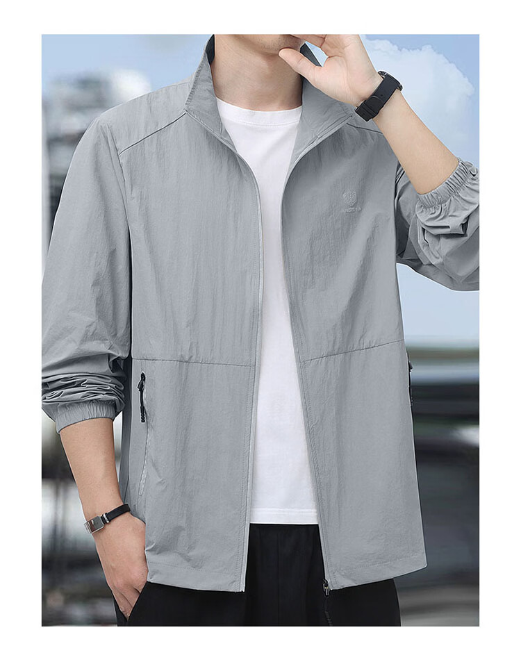 ROMON Men's Sunscreen Jacket Ice Silk Summer Lightweight Outdoor UV Protection Skin Shirt Light Gray 4XL 17