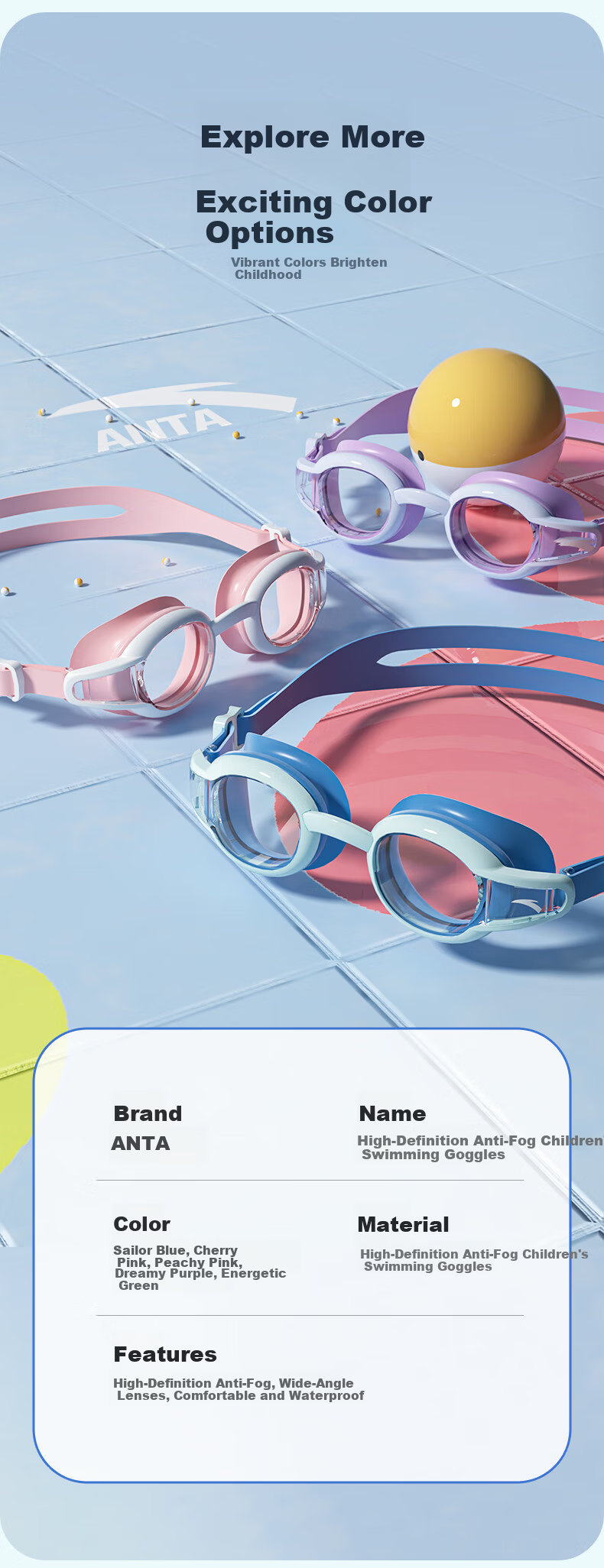 ANTA Children's Swimming Goggles for Boys And Girls, High-Definition Waterproof Anti-Fog Professional Diving Equipment Baby Swim Glasses Cherry Pink 8