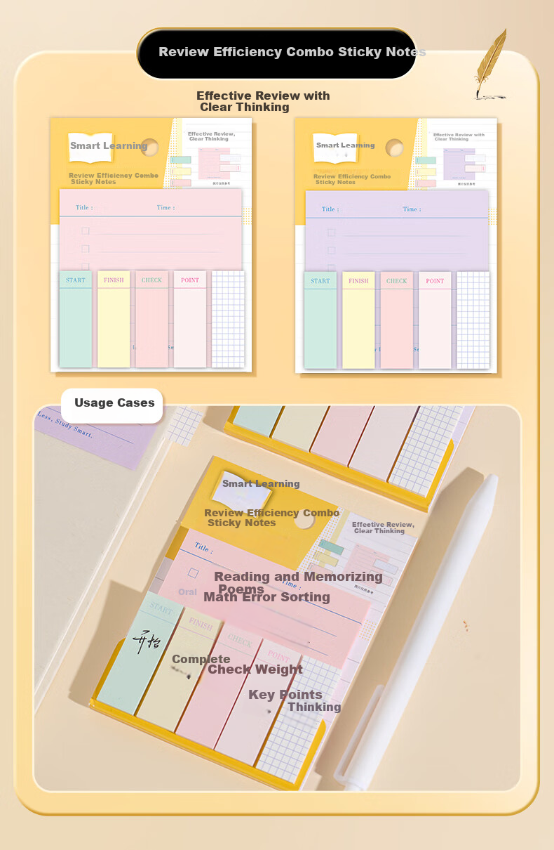 MASMARCU Morning Light Stationery Study Efficiency Sticky Notes Set Strong Adhesive Label Stickers Bookmark Smart Learning 1 Pack Random YS0340 Exam Essential 5