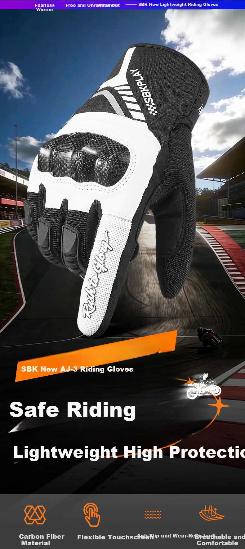 SBKPLAY Motorcycle Carbon Fiber Breathable Summer Gloves Leather Off-Road Touchscreen Gloves for Men And Women Riding Motorcycles AJ-3 Black M 2