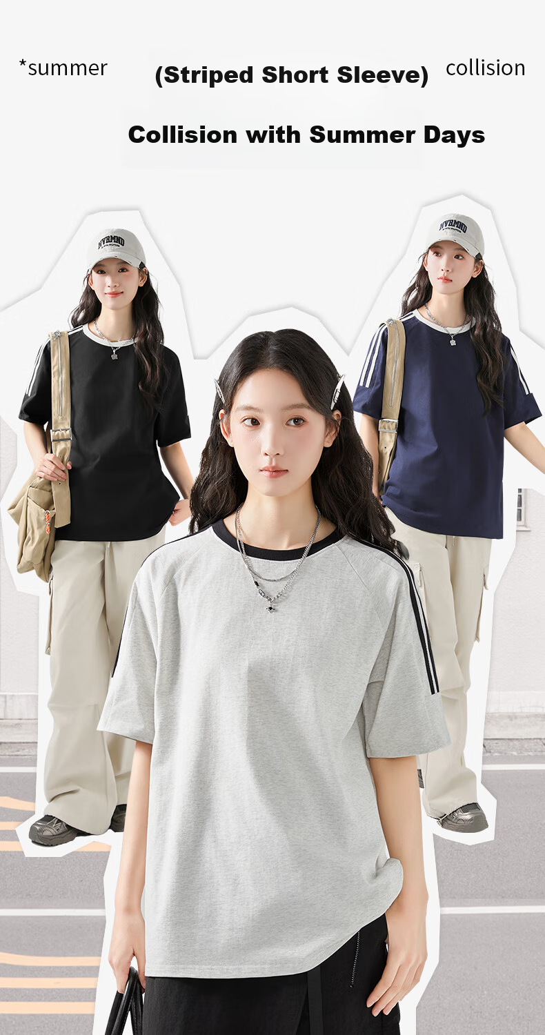 Jeanswest Women's Striped Short Sleeve T-Shirt Spring Summer New Two-Stripe Raglan American Style Cotton Loose Colorblock T-Shirt 2