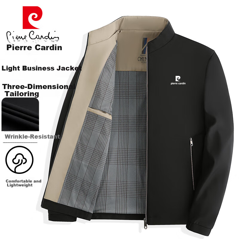 Pierre Cardin Men's Jacket Autumn Winter Casual Coat Middle-aged and Elderly Executive Business Dad Jacket Black 2XL