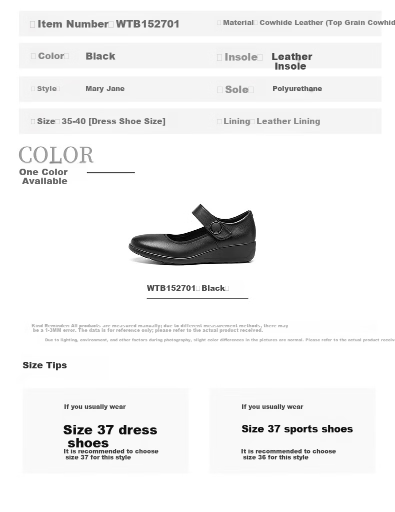 Red Dragonfly Women's Soft Sole Wedge Mid-Aged Mary Jane Casual Leather Shoes WTB152701 Black Size 39 5