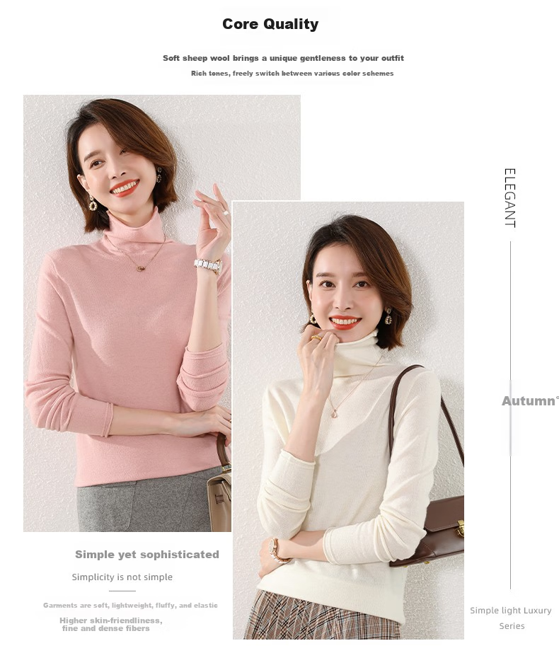 Hengyuanxiang 100% Pure Wool Women's Sweater Autumn Winter Turtleneck Thin Fashion Casual Knitwear Versatile Base Shirt Top 8