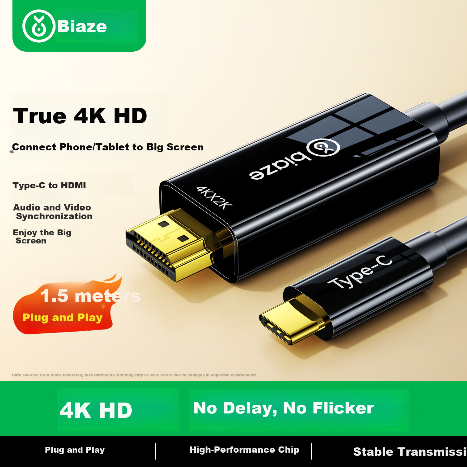 BIAZE Type-C to HDMI Adapter Cable for Apple 16/17 Pro, Huawei P60, USB-C to HDMI 4K 1.5m Screen Casting Cable