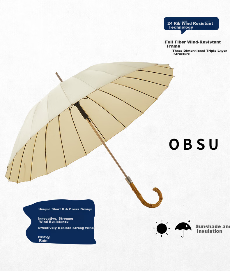 Obsu Japan 24-Rib Bamboo Joint Heavy Rain Umbrella Sturdy Long Handle Simple Design Black 1