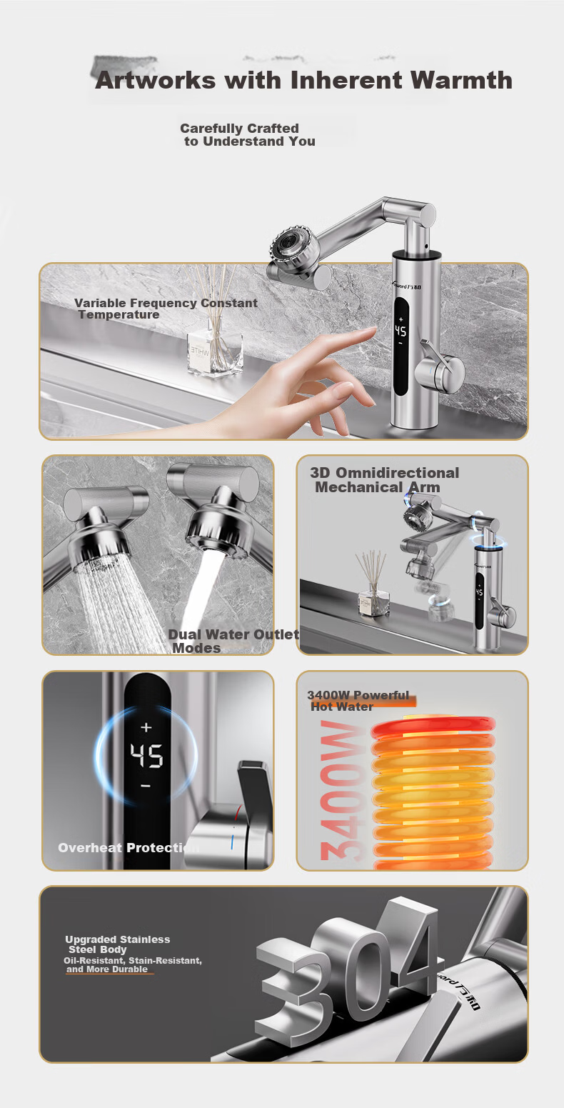 Vanward Instant Electric Water Heater Faucet Stainless Steel Variable Frequency Constant Temperature Rapid Heating Faucet Heater Hot and Cold Digital Display Bathroom Kitchen Small Kitchen Treasure El 5