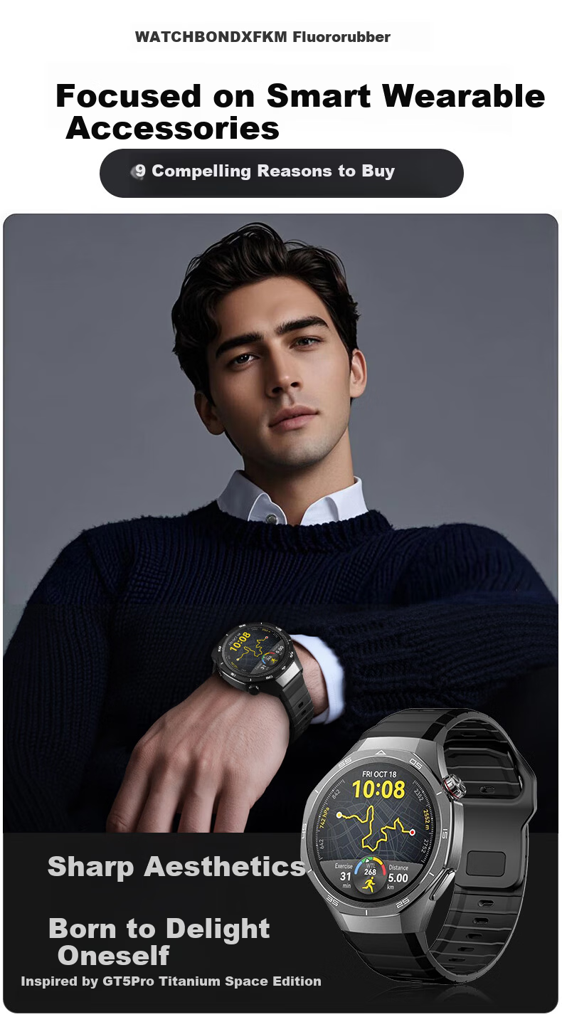 Watchbond Huawei Watch5 Strap GT5Pro/GT6Pro/GT6 Titanium Edition FKM Fluororubber Watch4Pro Sports Band GT5 Men's Buds Premium 1