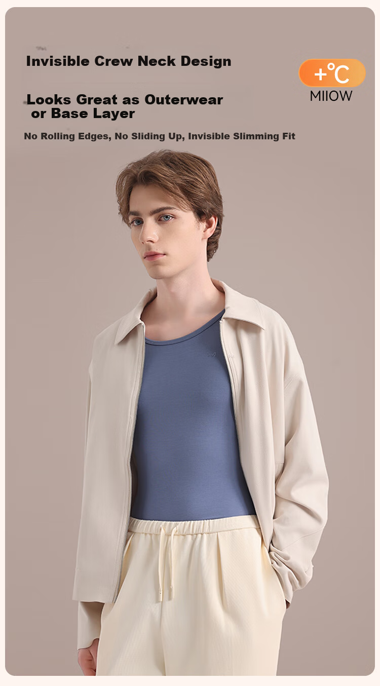 MiiOW Modal Thermal Underwear Men Ultra-thin High Elasticity Autumn Round Neck Long Sleeve Base Layer Top Warm Shirt Dark Gray 5