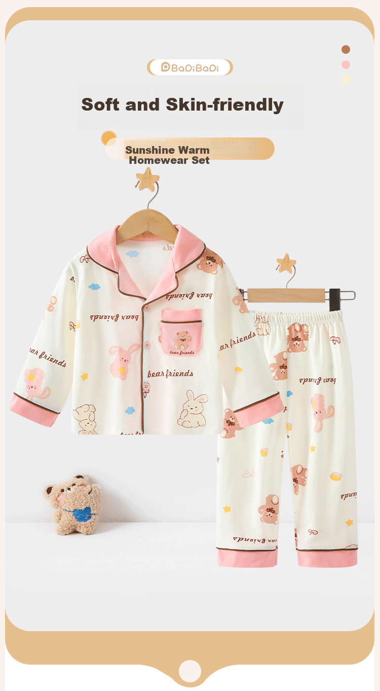 Badibadi Spring And Autumn Cotton Pajama Set for Infants And Toddlers, Boys And Girls Baby Sleepwear Air Conditioning Wear with Bear Rabbit Letter Design, Size 140 2