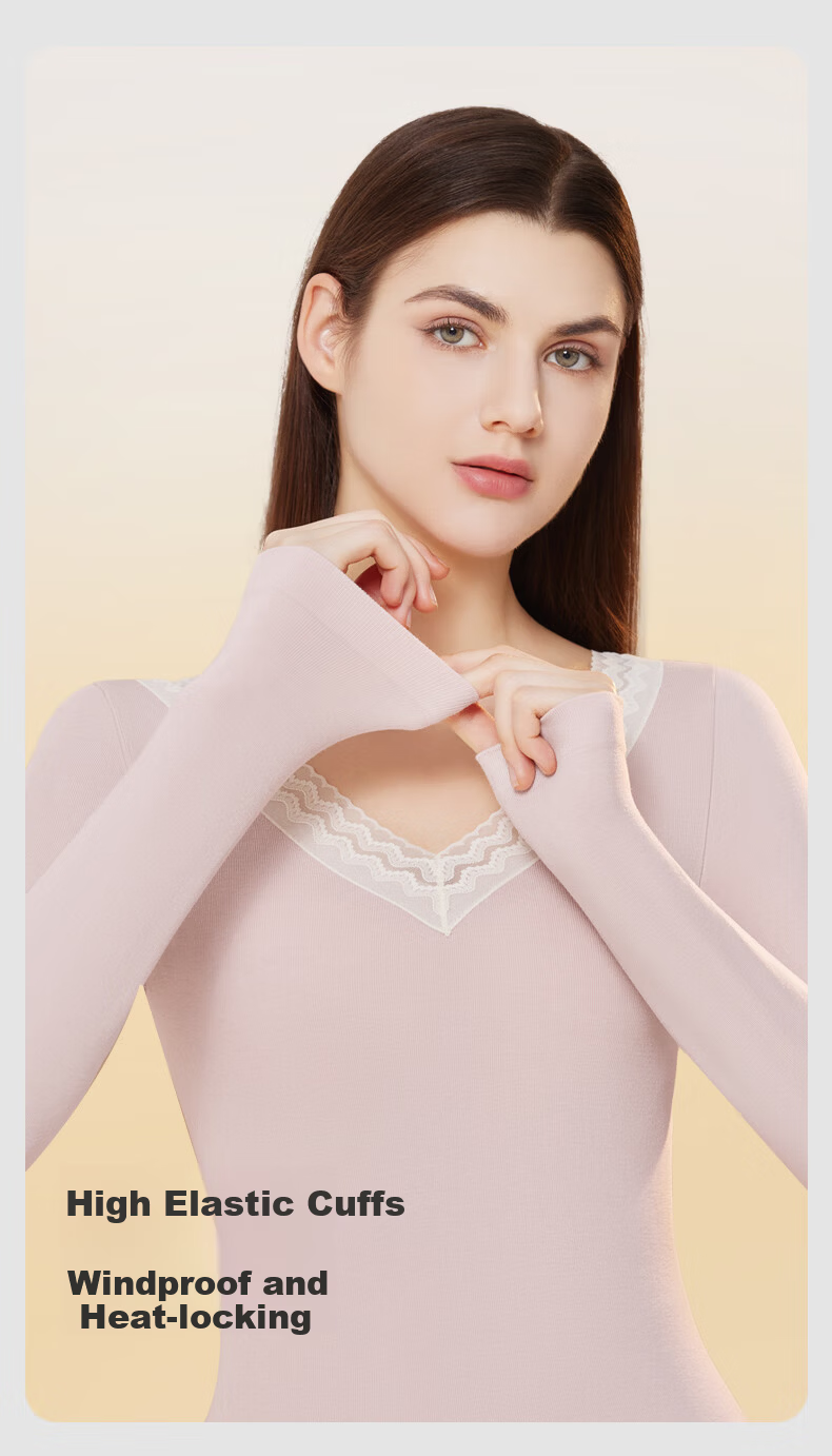 GUJIN Women's Thermal Underwear Set Thin Autumn Top and Bottom with Merino Wool Slim Fit Lace White 8