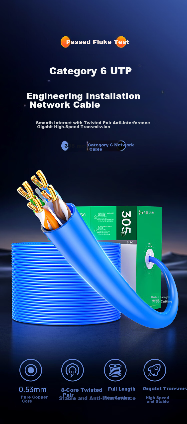 BIAZE WX45-305-Blue Cat6 Network Cable Security Engineering Pure Copper Gigabit Unshielded Twisted Pair Home Security Network Wiring Surveillance Cable 305m 3