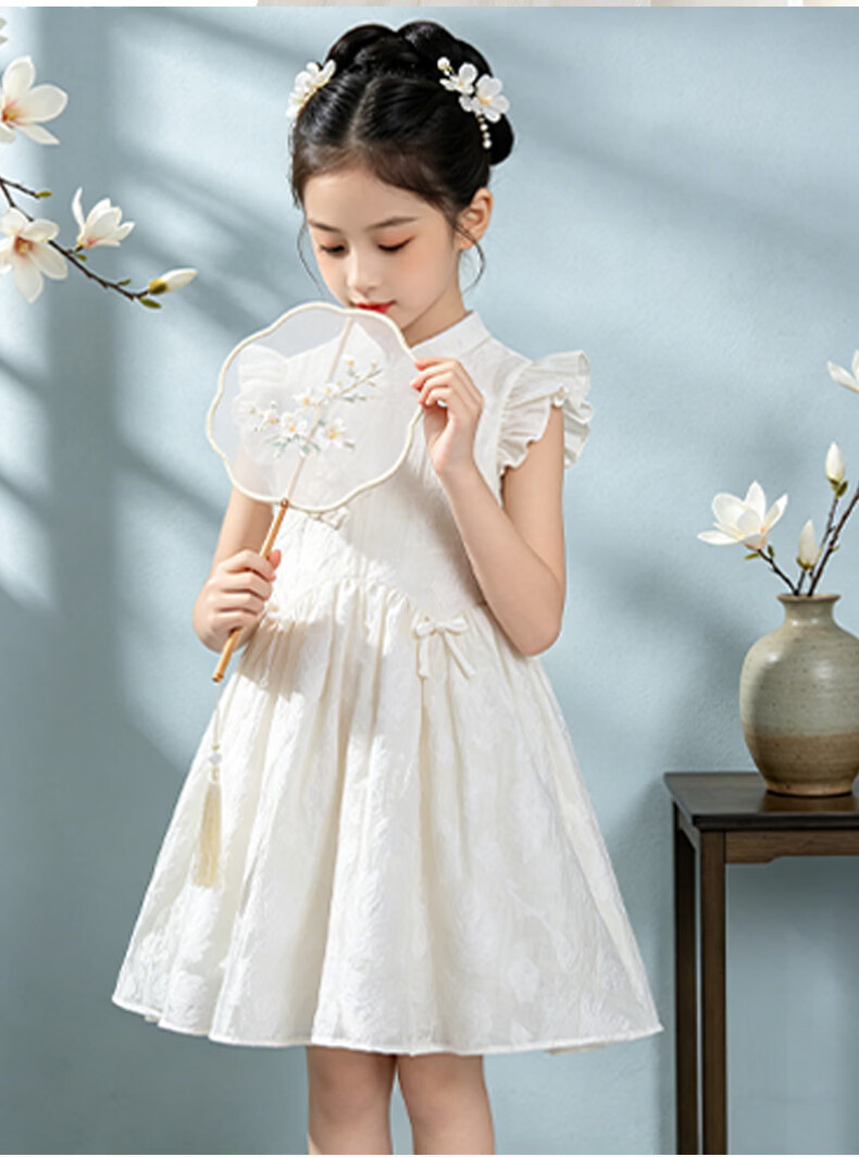 Disney Girls Summer Dress Children's Qipao Dress Girls' New Chinese Style Hanfu 1A109 Off-White 160 9