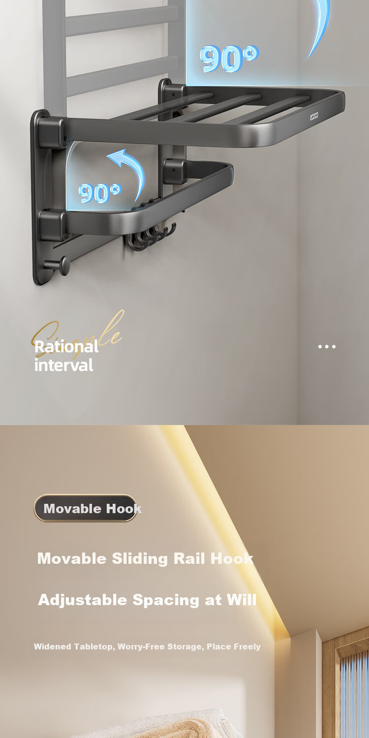 Ecoco Double-Layer Foldable No-Drill Towel Rack with Hooks Space Aluminum Bathroom Clothes and Towel Holder 25046 Dark Gray 6
