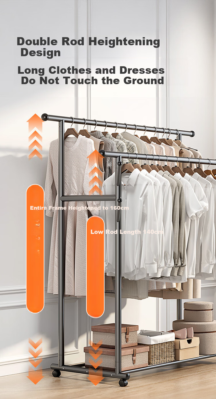 JD Jingzao Double Row Clothes Rack Mobile Floor Standing Clothes Hanger 1.3m Gun Gray for Bedroom and Balcony 7