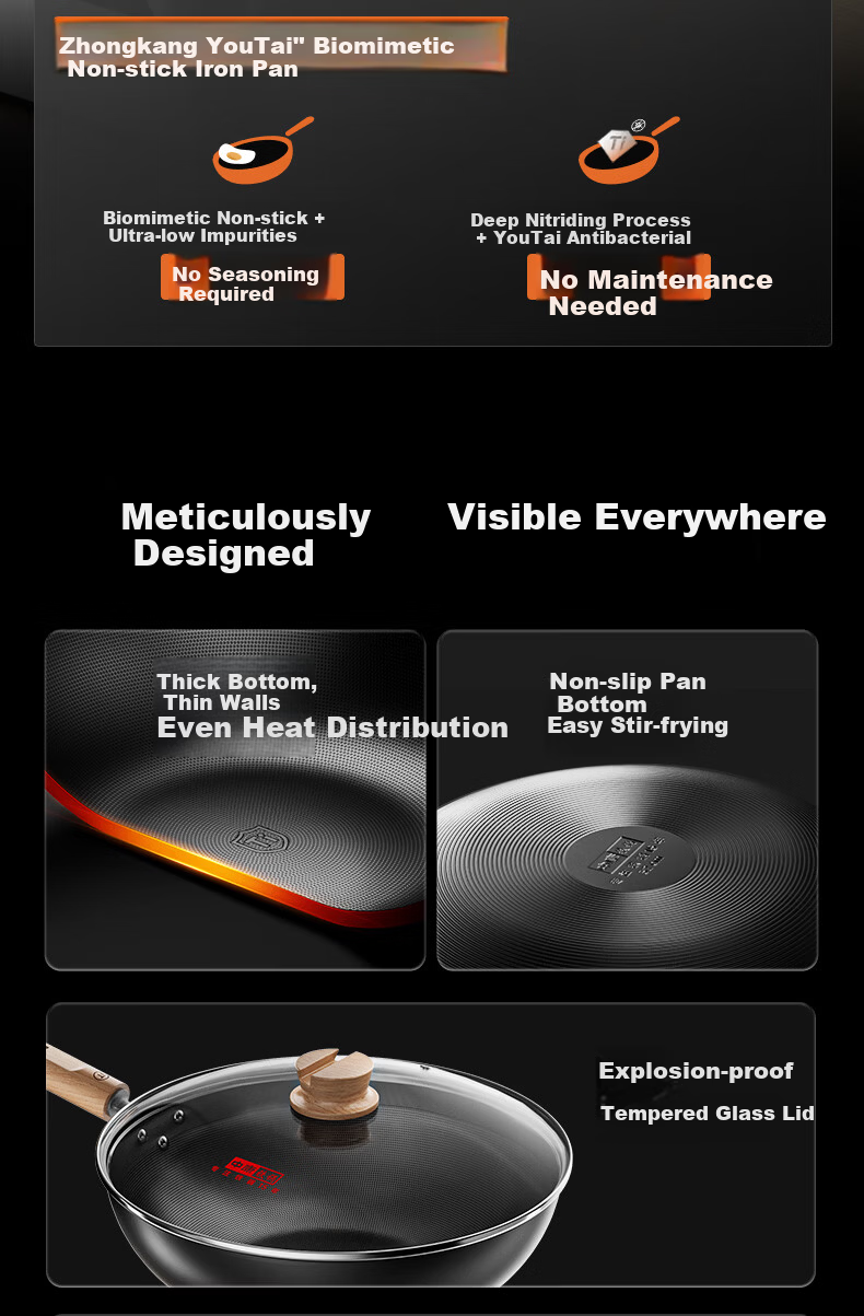 Zhongkang Titanium-Free Coating Non-Stick Iron Frying Pan 32cm for Home Use Compatible with Gas Stove and Induction Cooker 8