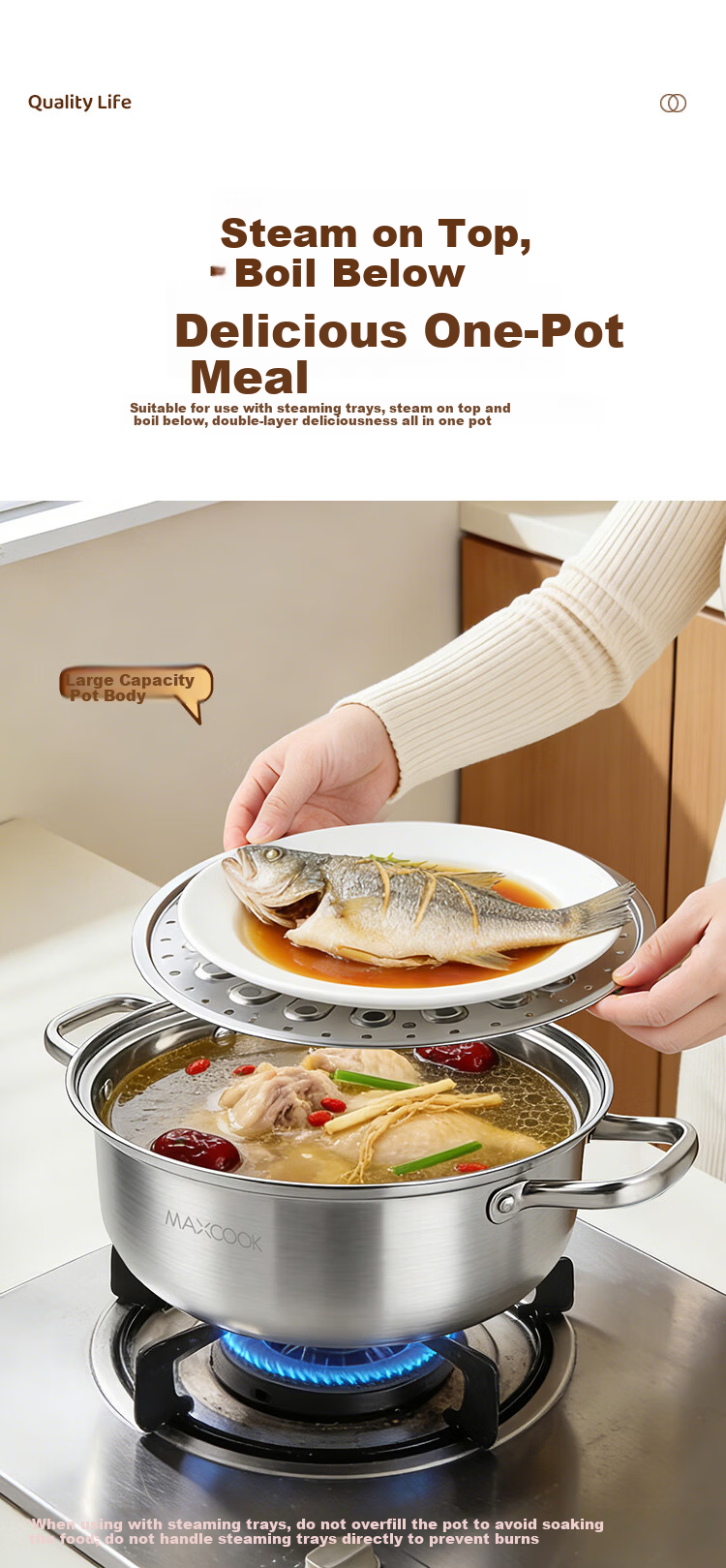 MAXCOOK 28CM Thickened Stainless Steel Single-Layer Steamer Pot Hot Pot Soup Steamer Compatible with Gas Stove and Induction Cooker 4