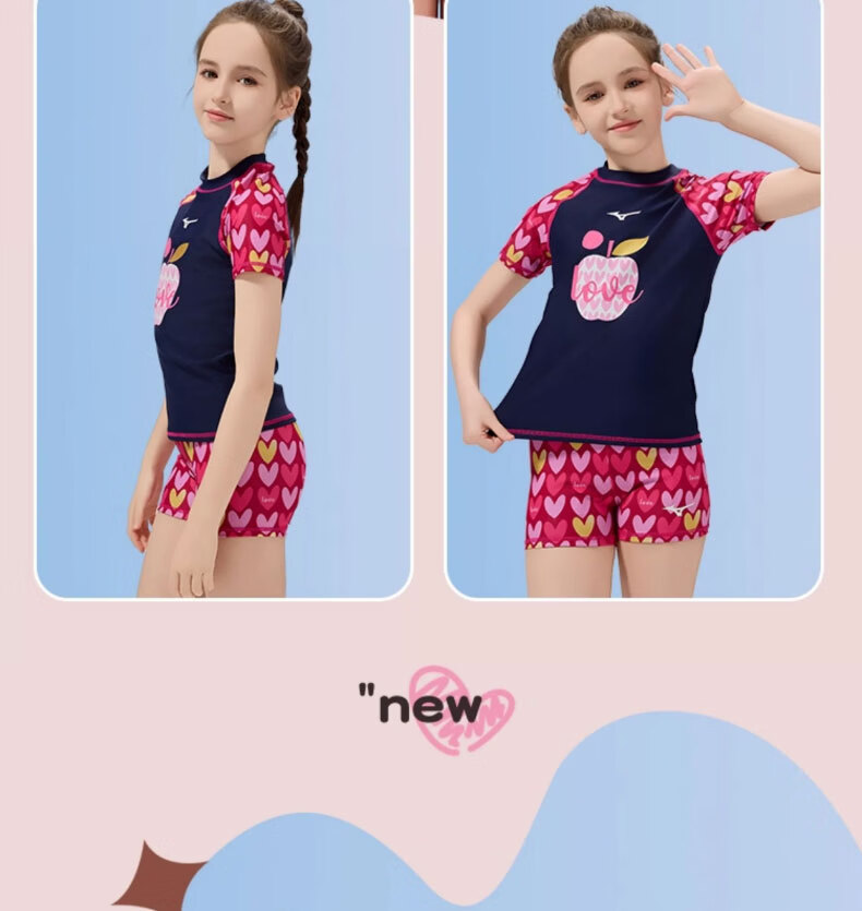 MIZUNO Kids Girls Quick-Dry Two-Piece Short Sleeve Swimwear Set with Trunks for Hot Springs GB430 Navy Red Size 120 14