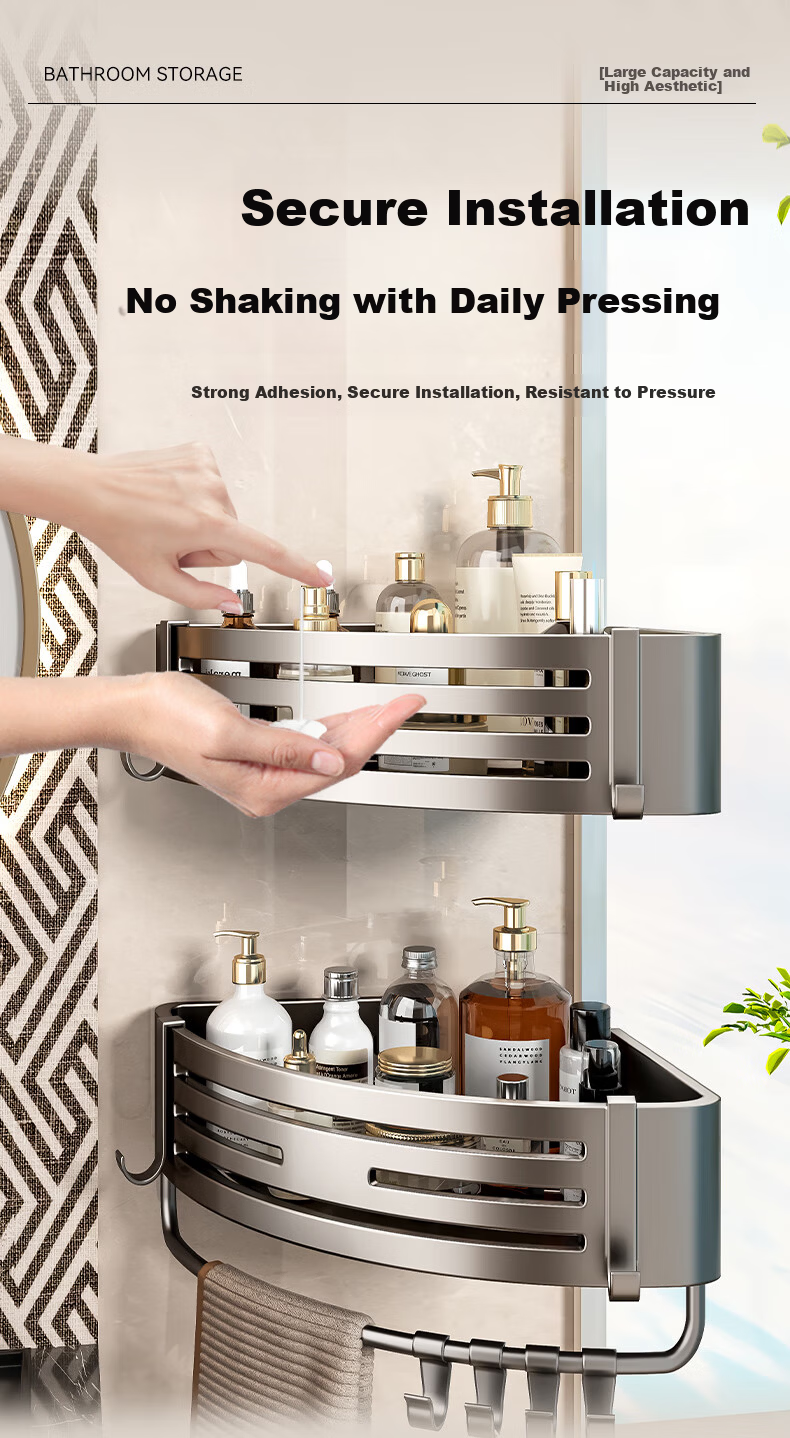 Baihan No-Drill Storage Rack, Bathroom Corner Shelf, Bathroom Organizer Rack, Suction Cup, Carbon Steel 8