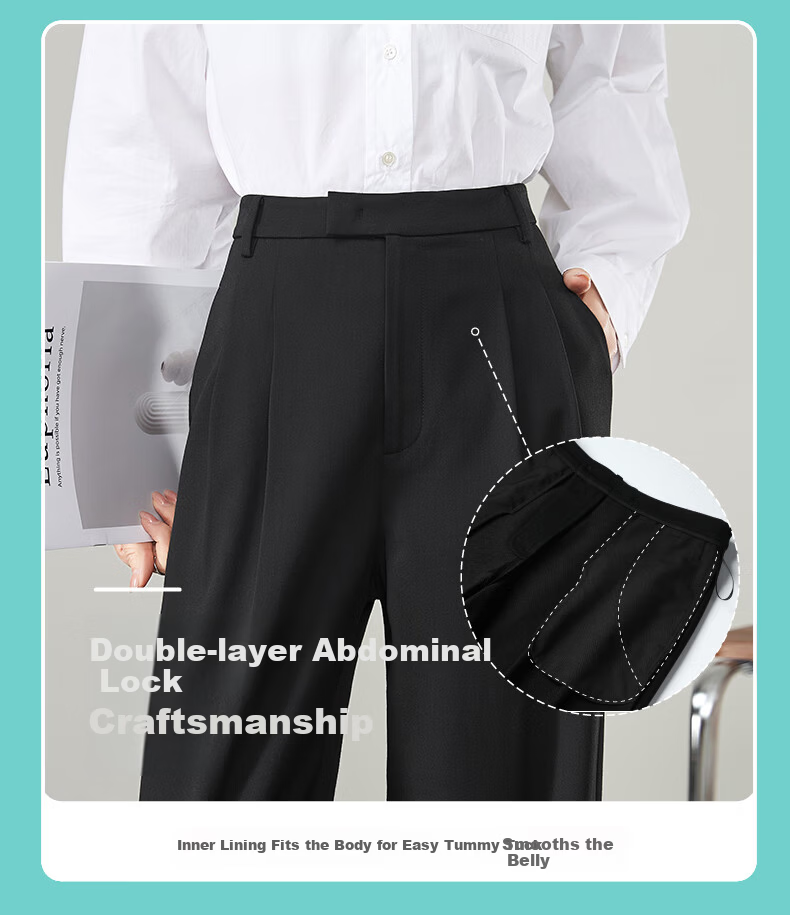 ESE-Y Wide-Leg Suit Pants for Women, New Spring 2025 High-Waist Draping Slimming Trousers, Black-Extended Length, Size 27 11
