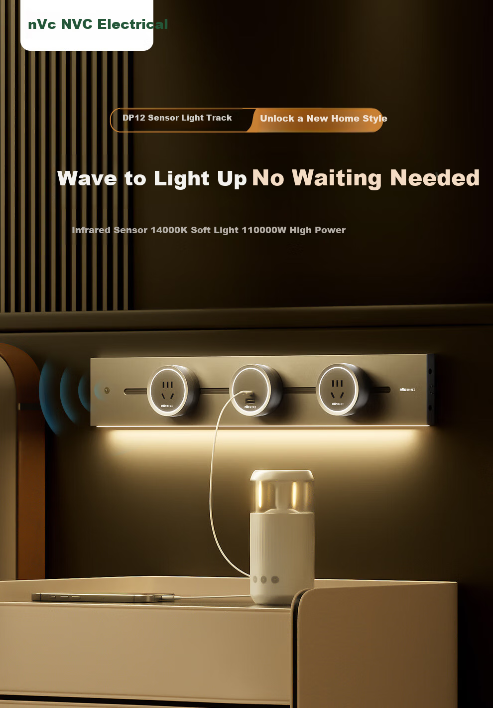 NVCleishidiangong Track Socket, Motion Sensor Light, Movable Surface-Mounted No-Drilling, 750mm+4 Five-Hole, DP12 Series Black 1