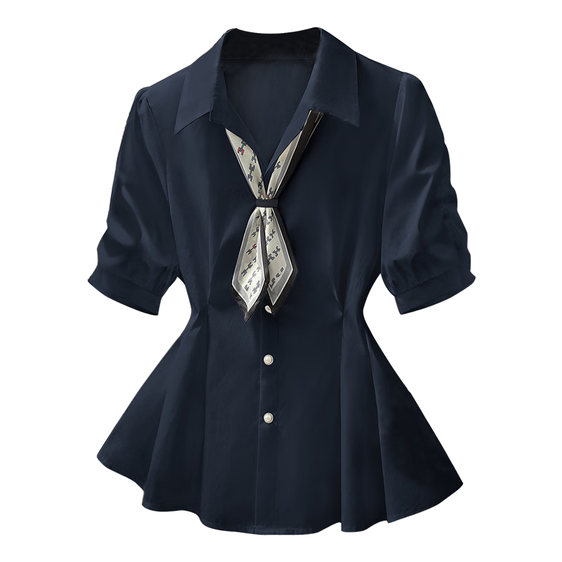 Cypress Collar Solid Color Waist-Cinching Short Sleeve Shirt Women 2026 Spring Summer New Fashion Commuter Elegant Design Shirt