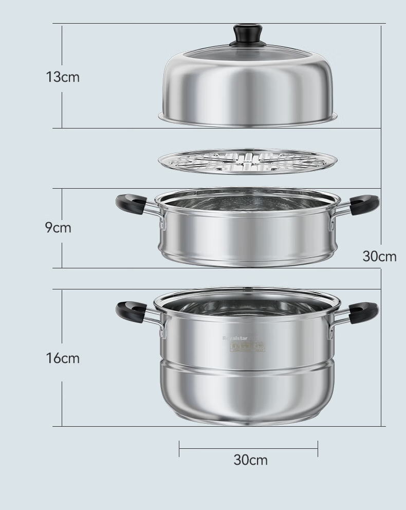 Royalstar 28cm Stainless Steel Steamer Pot Multi-Functional Large Capacity Double-Layer Soup Pot Compatible with Gas and Induction Cooktops 17