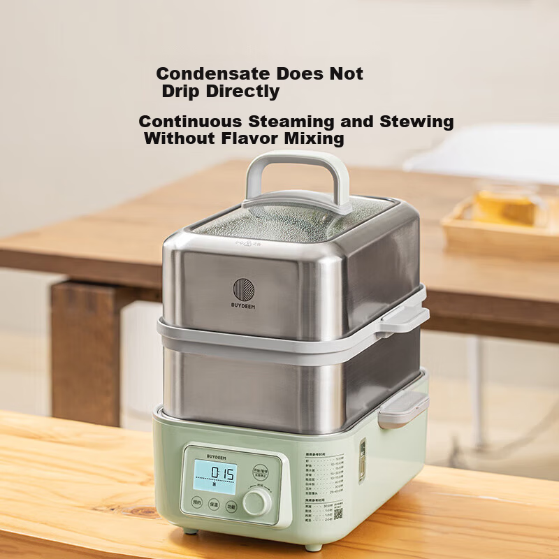 Buydeem Electric Steamer Multi-Function Steamer Cooker with Timer and Keep Warm, Large Capacity Double Layer, Suitable for Babies (G5541 + Ceramic Large Stew Pot + 2 Piggy Boxes)