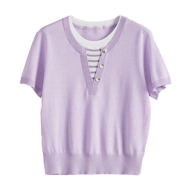 Sllsky Women's Purple Striped Patchwork Knit Top Thin Round Neck Short Sleeve 2026 Summer