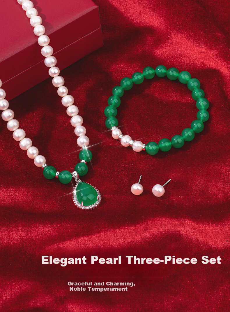 Lao Feng Xiang Pearl Necklace and Bracelet Set with Chalcedony Silver Pendant for Women Elderly Birthday Anniversary Gift for Wife and Mom 1