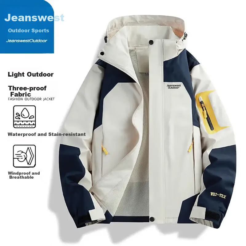 Jeanswest Outdoor Sports Spring and Autumn Jacket Hooded Waterproof Mountaineering Couple's Jacket Ivory White 2XL