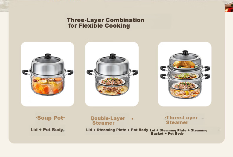 Royalstar 304 Stainless Steel Steamer Pot Soup Cooker High Capacity Three-Layer 28cm Compatible with Gas and Induction Cookers 6