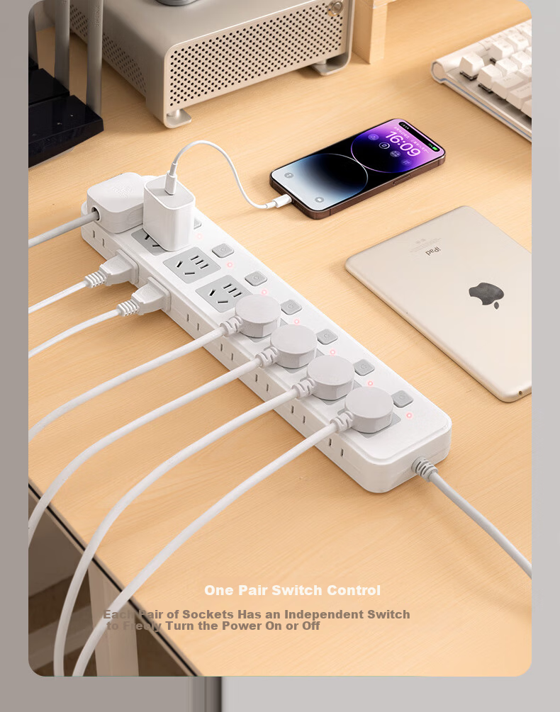 Sushiermo 10A to 16A + 10A 4KW High Power Conversion Plug/Power Strip/Extension Board with 8-Position Independent Switch 2.8m Cord for Air Conditioner/Water Heater 7