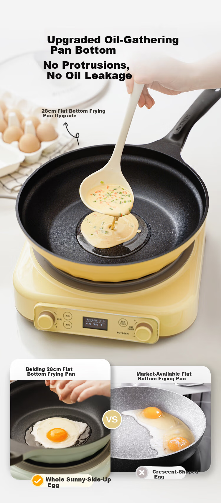 Buydeem Non-Stick Frying Pan Grill Skillet Induction Gas Stove Cooking Pan 26cm Light Yellow 6