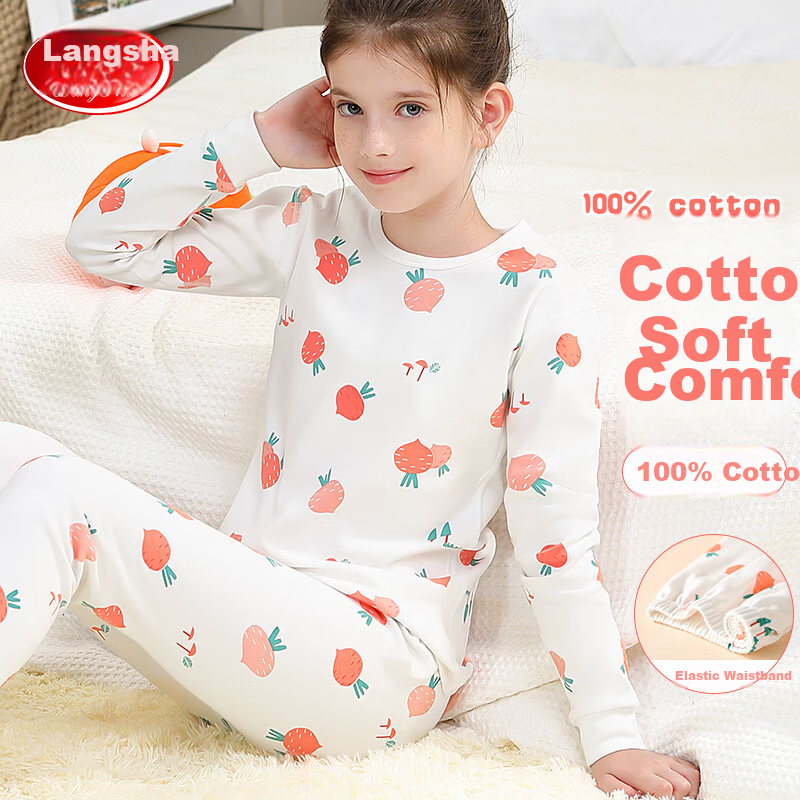 LangSha Kids Cotton Autumn Winter Underwear Set Girls Long Johns Pajamas for Teens 130cm