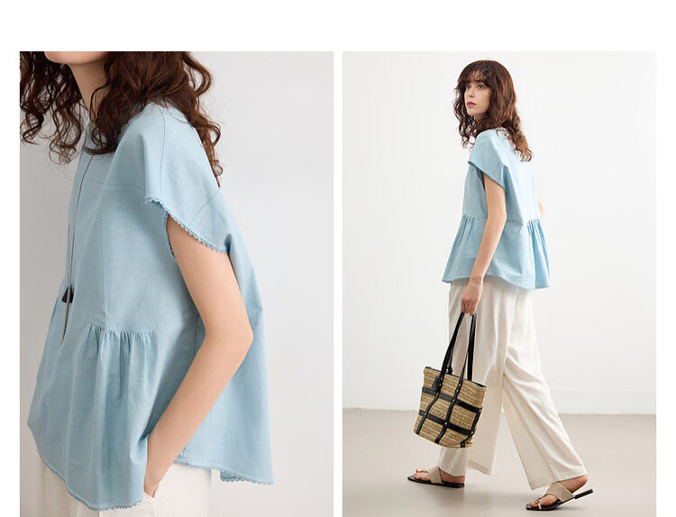 Demana [with Flax Cloud Cotton] Summer Simple Style Round Neck Covered Sleeve Lace Lightweight Loose Slim Shirt for Women Premium 7