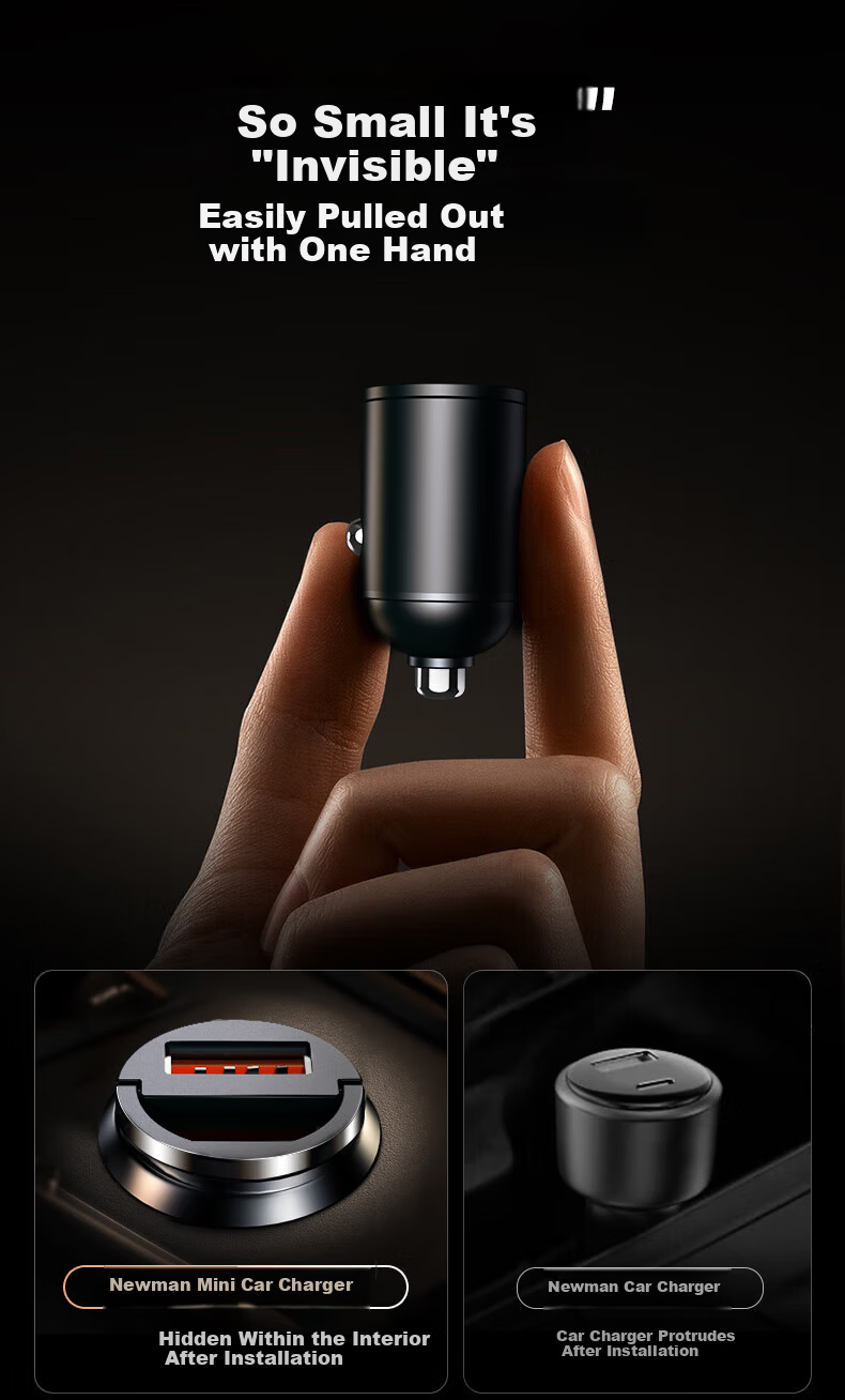 Newmine Car Charger, Cigarette Lighter, Concealed Super Fast Charging Head, Dual-Port, Compatible with Apple 17, Huawei, Xiaomi 6