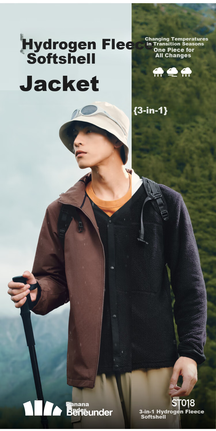Beneunder Men's Jacket Windproof Fleece Liner Outdoor High Elastic Detachable ST018 Dark Black XL 1