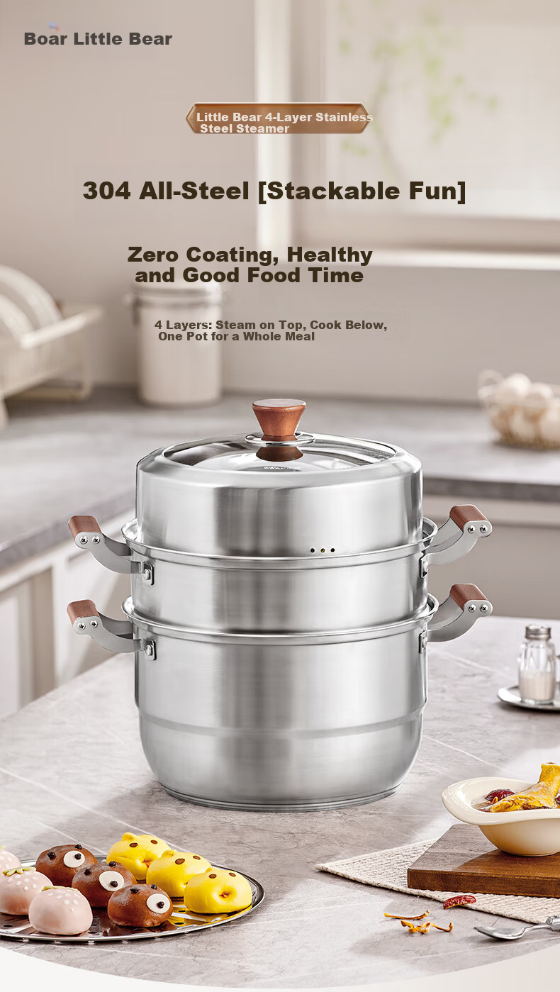 Bear Titanium Ceramic Double-Layer Steamer Large Capacity Soup Pot Household Steaming and Cooking Pot 28cm Gas Stove Compatible JG053-P02 1