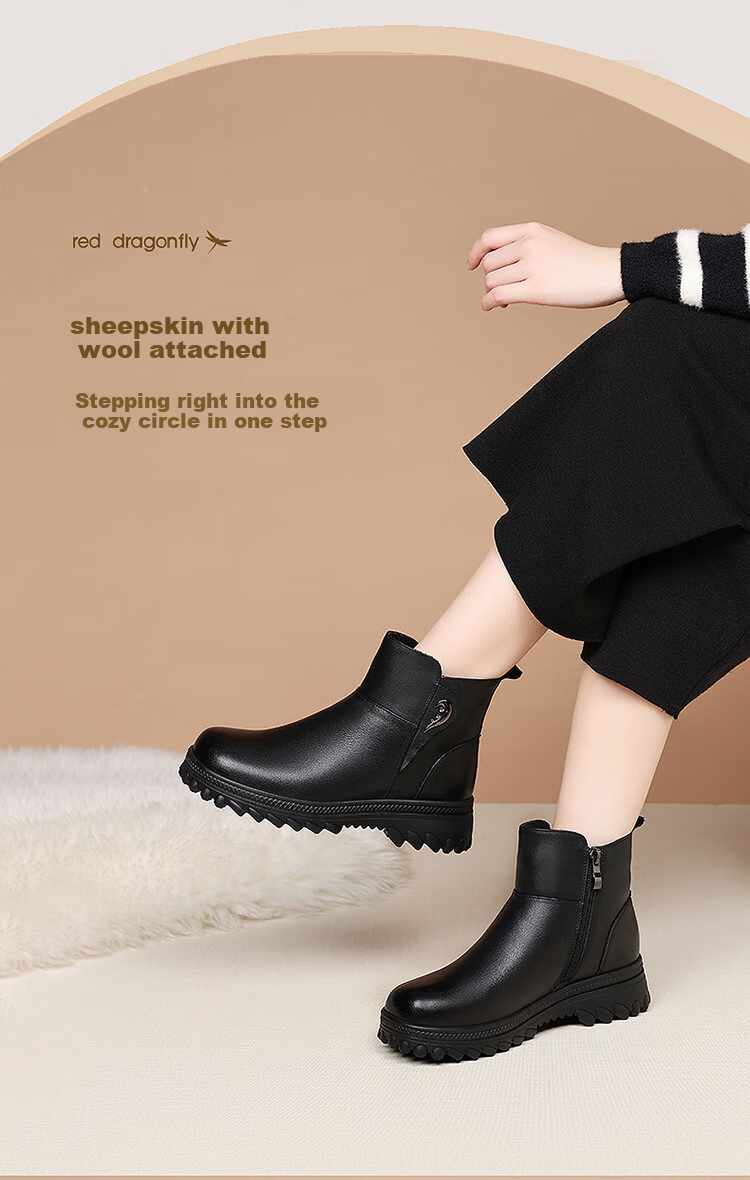 Red Dragonfly Women's Fleece-Lined Warm Mom Cotton Shoes Comfortable Middle-Aged Thick-Soled Short Boots WLC446621Z Black Size 40 4