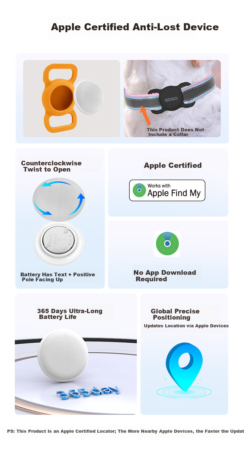 GDGO Apple Tracker Anti-Lost Waterproof Locator for AirTag Cat Dog Pet Collar Scarf Electric Vehicle Positioning Device MFi Certified 3