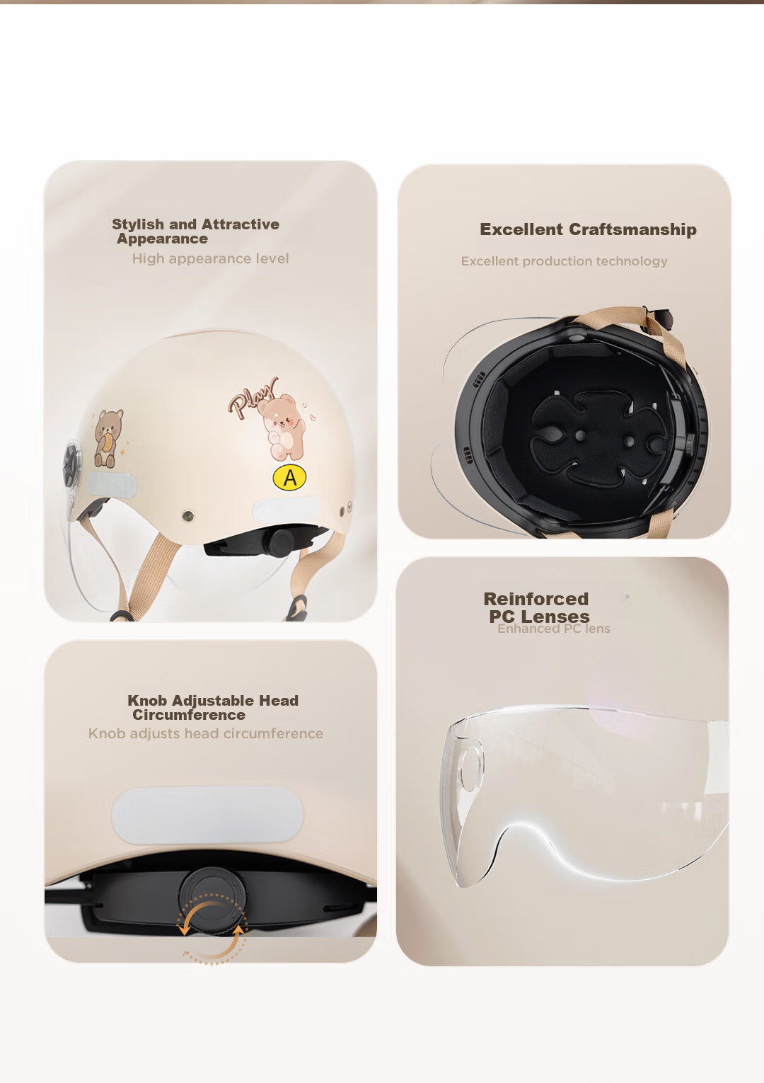 AIMA Electric Motorcycle Helmet Unisex Sun Protection Summer Half Helmet Four Seasons Universal Electric Scooter Safety Helmet Class A 3C Certified Happy Little Bear - Light Khaki 2