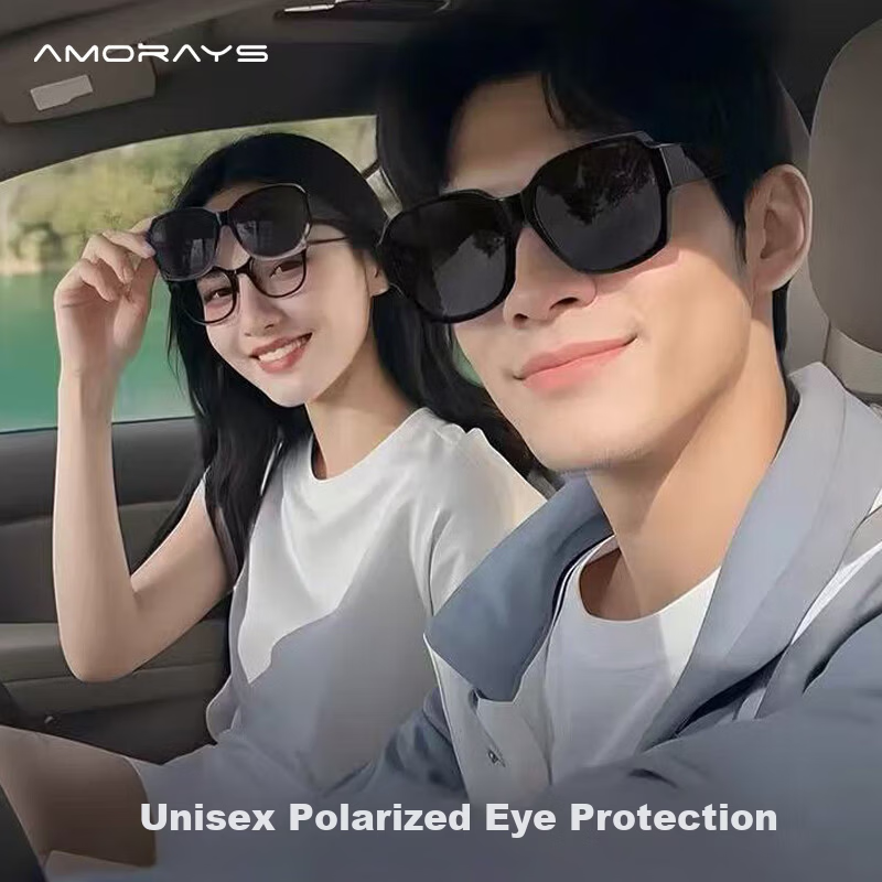 AMORAYS Foldable Polarized UV Protection Sunglasses Clip-On for Prescription Glasses, Unisex Driving Sunglasses