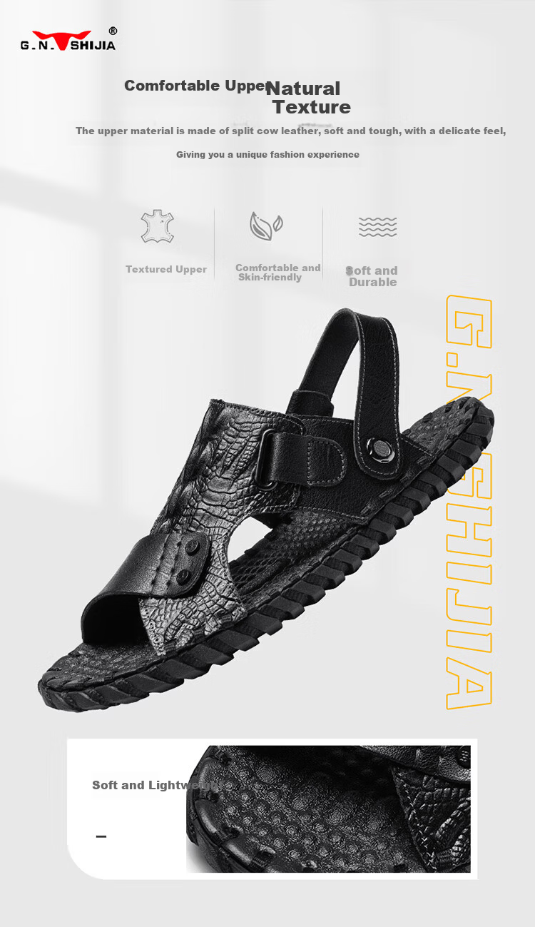 G.N.Shi Jia Father's Day Gift Men's Summer Breathable Leather Sandals Soft Sole Casual Beach Slippers 2