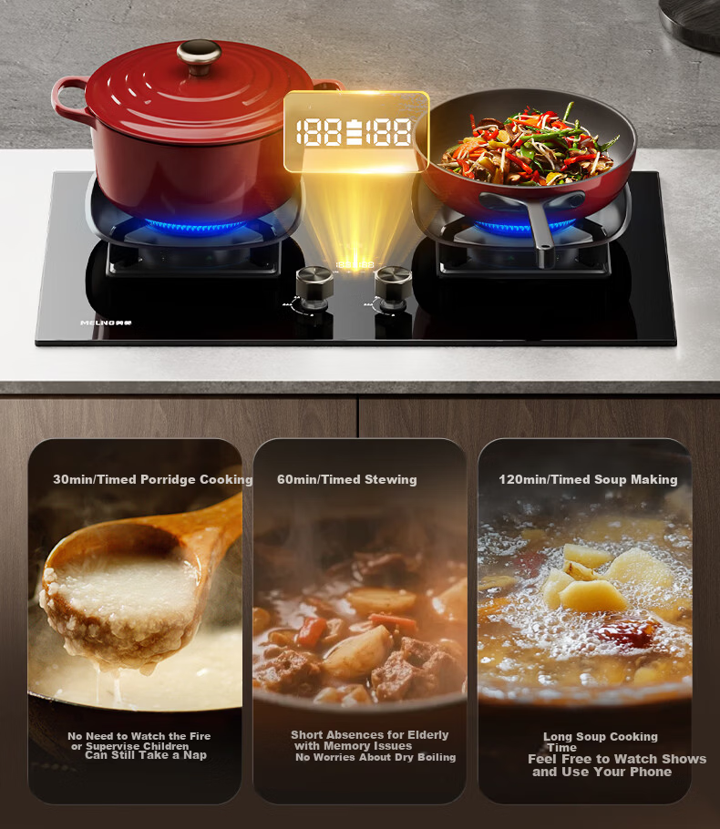MeiLing Upgraded Dual-Side Timer Gas Stove 70% High Thermal Efficiency Built-in Desktop 5.2kW High Flame Natural Gas Cooker Double Burner Gas Stove Replacement 5