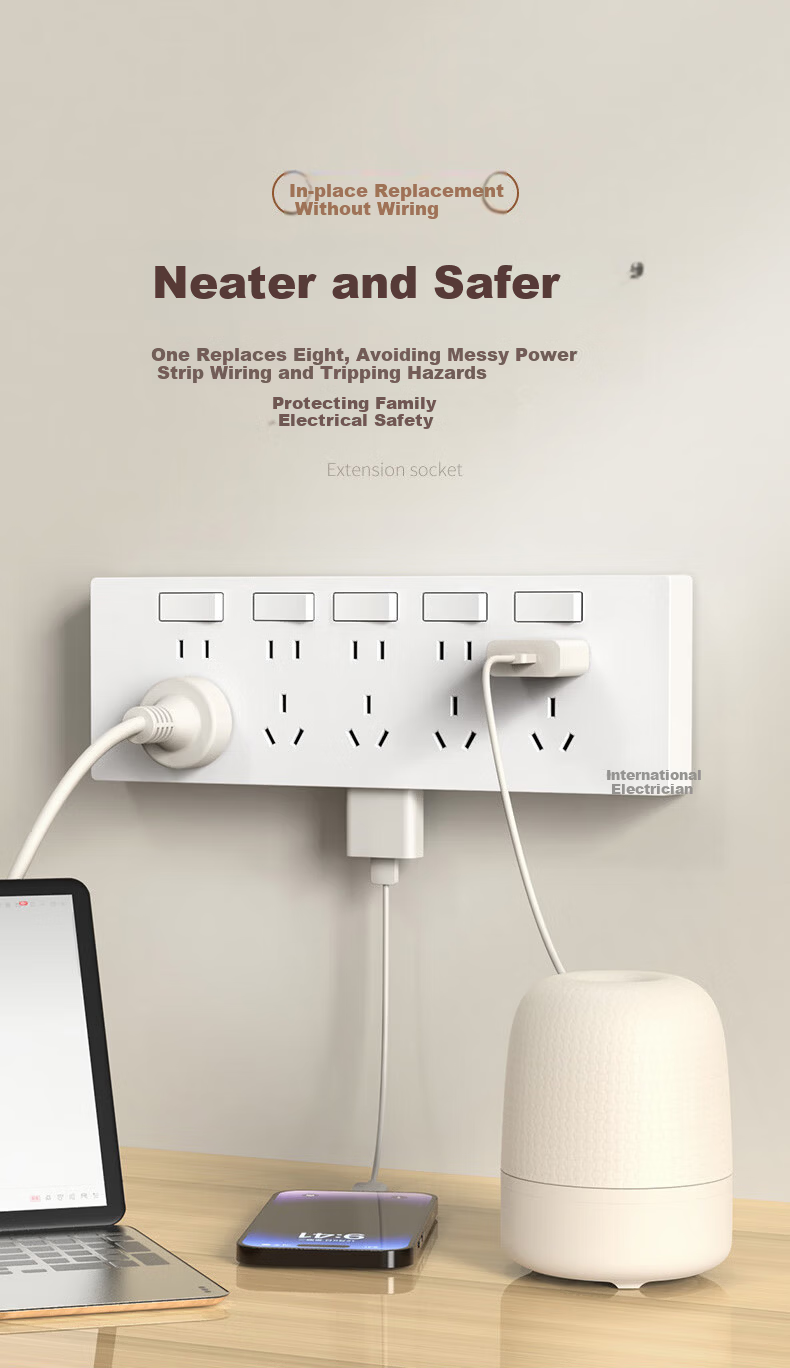 Guojidiangong 86-Type Expandable Socket, Kitchen Extension Multi-Functional Converter, Concealed Installation for Home Use with Switch, Power Strip with 21 Outlets, Left Expansion Five-Hole White 4