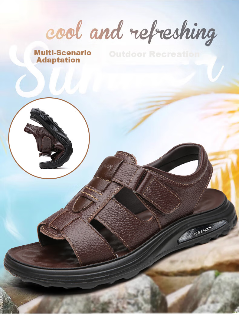 Aokang First Layer Cowhide Men's Sandals Beach Shoes Cowhide Trendy Middle-aged and Elderly Dad Leather Sandals Black 41 2