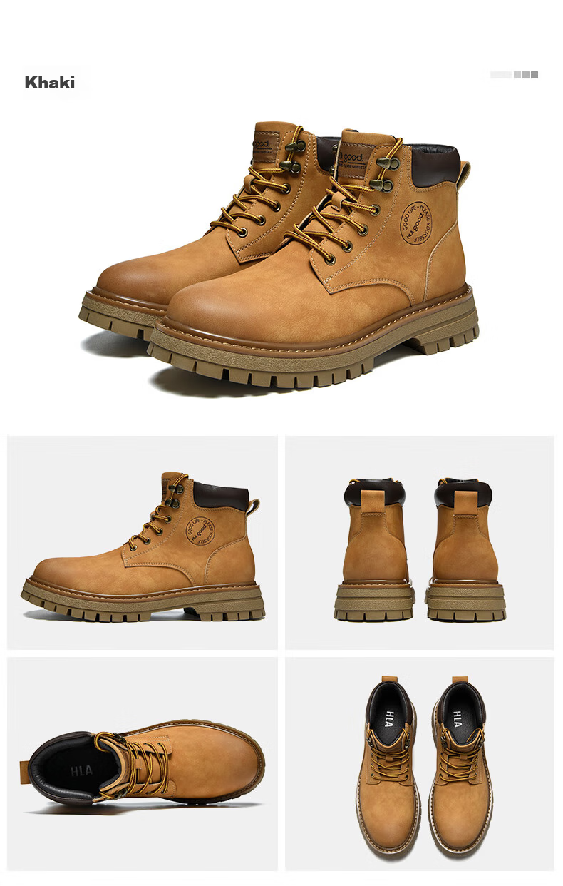 HLA Men's Vintage Martin Boots Outdoor Cotton Work Yellow Boots T121 Khaki (Fleece Lined) Size 41 19