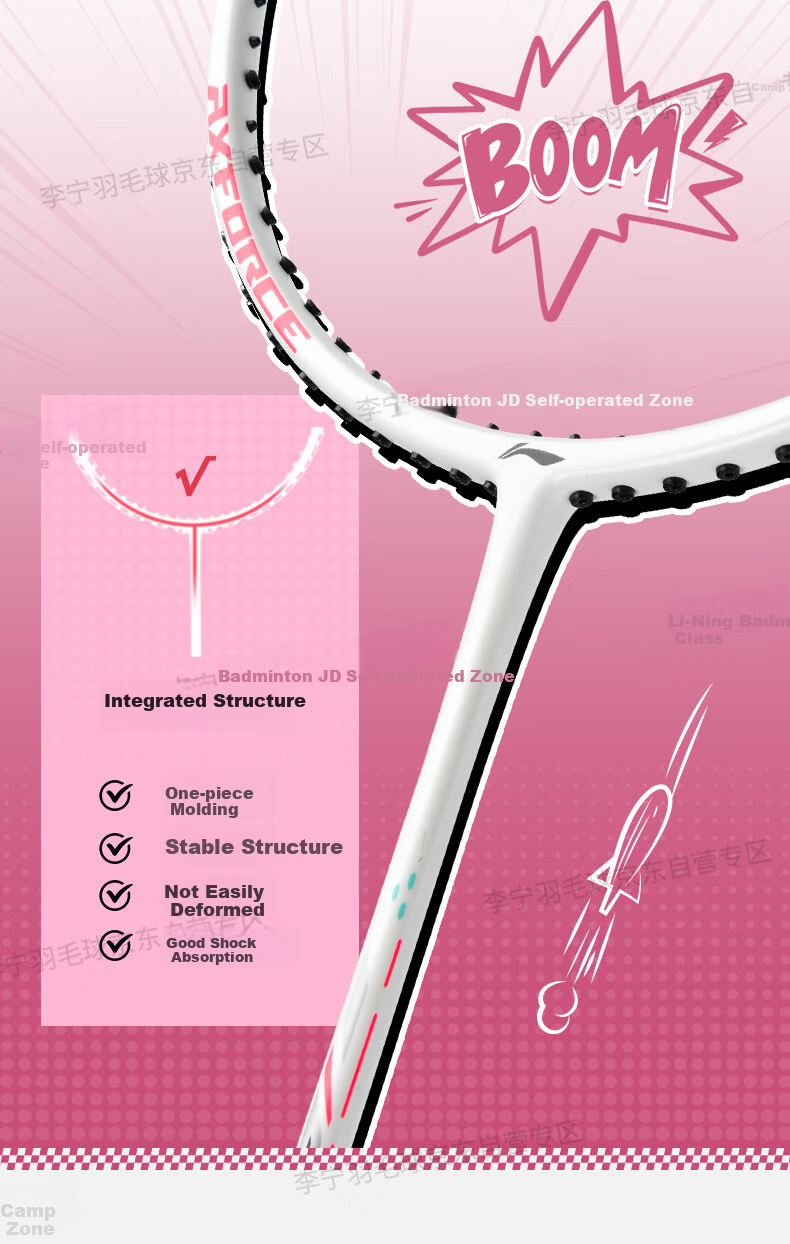 LI-NING Thunder Mini 4U Full Carbon Offensive Lightweight High Tension Badminton Racket White with Pre-Strung Pink Strings 7