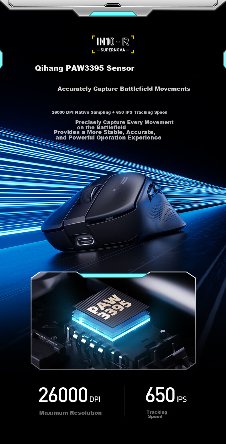 INPHIC IN10R Wireless Gaming Mouse Wired Bluetooth Tri-Mode PAW3395 Lightweight Right-Hand Ergonomic Claw Grip 26,000 DPI 8K Report Rate Starry White 4